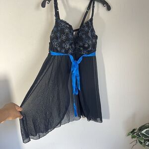 CACIQUE Black Blue Lace Semi Sheer Babydoll Lingerie Slip Underwired Size 18/20